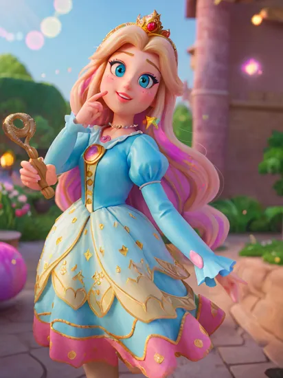 1girl, A beautiful (Princess Rapunzel:0.99) babe, Disney, (detailed facial features), gorgeous face, Rainbow Road, broad light, backlighting, bloom, light sparkles, chromatic aberration, lens flare, selfie, glitter, confetti