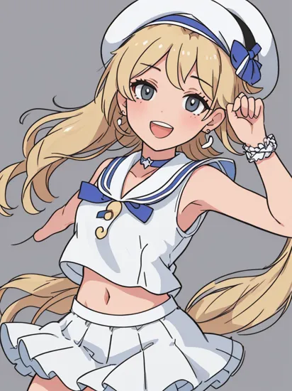 masterpiece, best quality, highres, hmfre, blonde hair, beret, white headwear, earrings, choker, sailor collar, shirt, white bow, sleeveless, wrist cuffs, midriff, white skirt, see-through, idolmaster cinderella girls, , leaning forward, smile, open mouth, arms behind back,