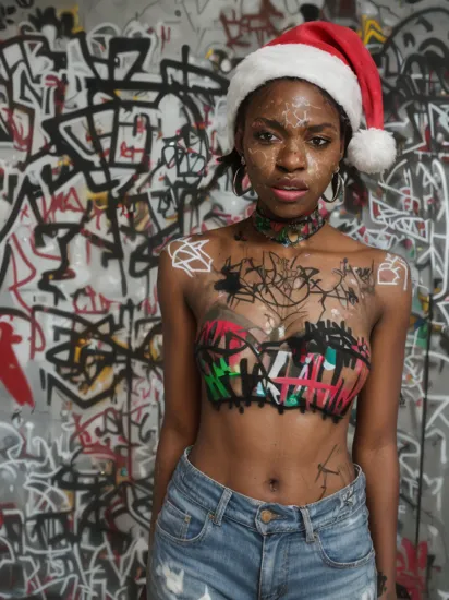 , epiCRealism, portrait photography, street photography, photo of striking facial features, (dark skin:1.2) african woman, wearing crop top, denim shorts, santa hat, black choker, (graffiti:1.6), paint splatter, against wall, paint on body, (christmas light on wall:1.3),  christmas ornaments on wall, expressive female portrait