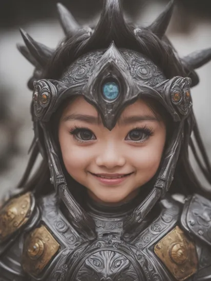 glamour photo of a (chibi:1.2) armor girl, thunder spell, monster, (evil smiling), (medium full shot, 8k, RAW photo, best quality, depth of field, ultra high res:1.2), (vibrant colors, absurdres, intricate, photorealistic, masterpiece, ultra-detailed:1.3, ambient lighting), shot at eye level, ((photographed on a Canon 5D Mark III with Laowa 15mm macro lens, 1/100th, ISO 1250)), outdoor, street photography setting, ,