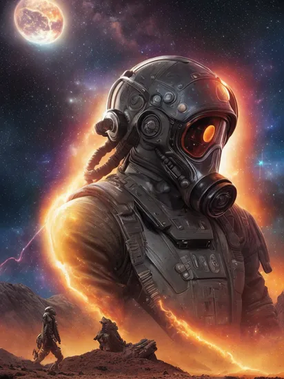 (scifi book cover art), ((large title text)), a [cyborg terminator|shirtless] man, wearing a gas mask, in a desert, colorful hair, perfect face, (side view), nice thighs, night time, starry night, galaxies and cosmos, magic explosions in background, cool atmosphere, 8k, uhd, absurdres, prominent outline linework, flat colors