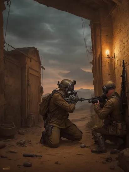 a photography of kriegmarine with rifle, dkok, gas mask, kneeling and aiming  landscape, epic scenery,   city of gold , masterpiece, ultrarealistic, realistic, photorealistic, ultradetialed, perfect quality, best quality, dramatic lights,
