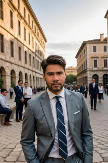 Confident man @office, neatly groomed beard, formal attire with a striped tie, historical city backdrop with soft focus, natural light enhances the calm and composed expression, a portrait of assured elegance against the timeless backdrop of Rome.