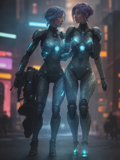 Two people, (translucent glowing tattoos hologram Cortana) being carried by (military camouflage colored cyborg Master Chief) like a princess, colorful cyberpunk city, cyberpunk, cyberpunk art style, glowing multicolored neon lights, raining, (lightning), cinematic scene, detailed background, masterpiece, best quality, high quality, highres, absurdres, 16k resolution   