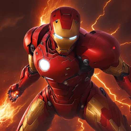A striking Iron Man, embodying the epitome of heroism, stands boldly amidst a dynamic scene. Flames dance vigorously around him, their orange and red hues reflecting off his glossy red and gold armor. Contrasting the fiery chaos, beams of sacred light pierce through, creating a halo effect around him and highlighting his commanding presence. His posture is powerful and defiant, his eyes glowing with determination under the armor's faceplate. The scene is charged with tension, illustrating a moment of triumphant defiance in the face of overwhelming odds, ,