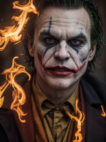 dark and gloomy, 8k, a close up photo of the joker with flames behind him , lifelike texture, dynamic composition, Fujifilm XT2, 85mm F1.2, 1/80 shutter speed, (bokeh), high contrast