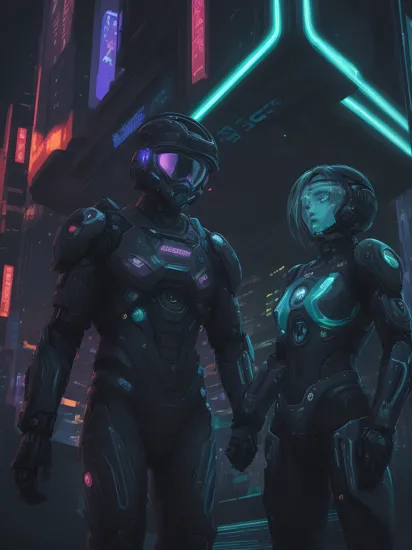 hologram of Two people, Cortana and Master Chief romantically engaging each other, 
cyberpunk cityscape in the background, cyberpunk surroundings, futuristic cyberpunk art style, multicolor neon lights, night time, water reflections, dark atmosphere,
cinematic action shot, raw photo, HDR colors,
masterpiece, best quality, high quality, intricate, ultra detailed, 16k, highres, absurdres    floating in space, a vibrant digital illustration, dribbble, quantum wavetracing, black background, behance hd