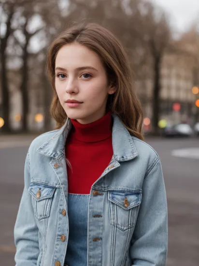 portrait photography, denim jacket, red turtleneck, London background, masterpiece, high quality, soft colors, bokeh, (high detailed skin:1.1)
  luv