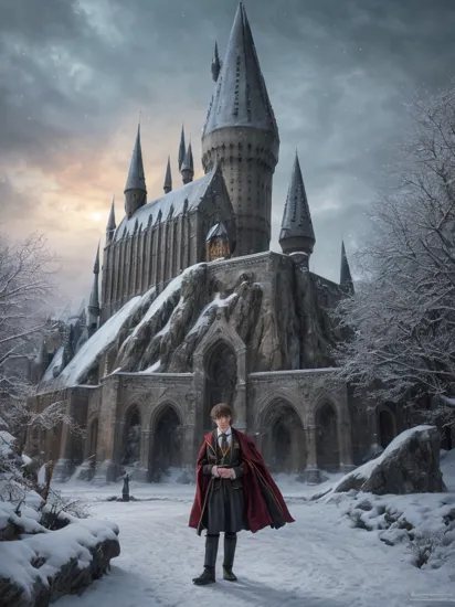 concept art absurdres, [perfect shadows and lighting], detailed background, incredible high-key lighting, masterpiece, high quality, detailed, extremely detailed, ambient soft lighting, 4K,(1boy,male_focus,mature,england prep school uniform,hogwarts student,fantasy theme,wizard school,(scene from harry potter movie:1.2)), official art, concept art, colors, trending on artstation, Vivid colors, dramatic, arcane, outdoors detailed background,winter theme . digital artwork, illustrative, painterly, matte painting, highly detailed