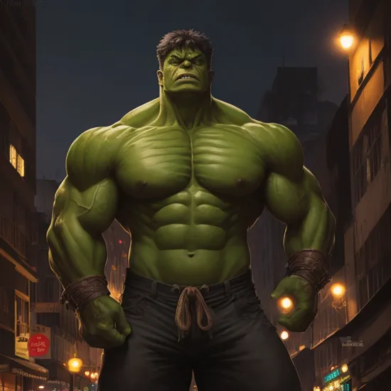hulk, standing, villain, serious, from front, upper body, streets, night, intricate details, masterpiece, absurdres, best quality 