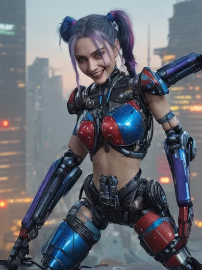 a portrait photography of harley quinn with ((blue and purple dyed unkempt and messy hair and (two top ponytails on both sides of the head:1.1)), (having bionic arms:1.5) from cyberpunk 2077 game, face tattos of card symbols, (maniacal grin showing teeth:1.1), holding a metallic high striker hammer, ((standing on top of building with a neon cyberpunk city in the background at night)), rugged looking, ((looking at viewer)), action pose, (wearing cyberpunk style ((red and blue chrome metallic transformers like suit))), perfect eyes,  perfect iris, identical eyes, identical iris, face to body proportion, golden ratio, symmetrical eyes, symmetrical iris, balanced eyes, sharp eyes, realistic eyes, perfect fingers,    