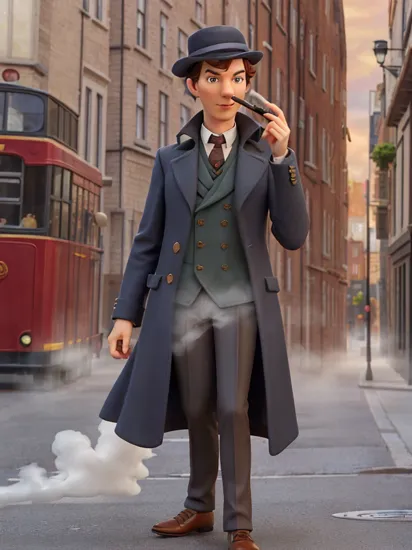 (Benedict Cumberbatch:1.1) as Sherlock Holmes style detective outfit, Inverness coat, deerstalker hat, a Pembroke Welsh Corgi face detective man is standing on the street in a 19th century London down town, Tobacco pipe, long nose, (steam fog:1.23),