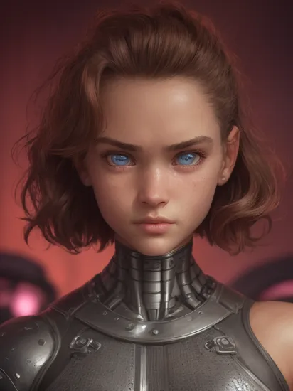 terminator|Anais Watterson, shallow depth of field, detailed face, detailed eyes, 8k RAW photo, highest quality, (looking at the viewer:1.3), best shadow, intricate details, (bold hair:1.3),(bright eyes), , detailed eyes, (hdr:1,2), ((hyperdetailed)),Synthwave colors,full body,((intricate details))