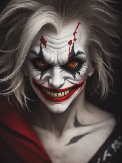 leogirl, realistic photography, 
Under the harsh glare of a solitary spotlight, Joker's maniacal grin is eerily accentuated. His face, a grotesque mix of white paint and red scars, is a stark contrast to the surrounding darkness, embodying the chaos he thrives in.
close up, , perfecteyes, 