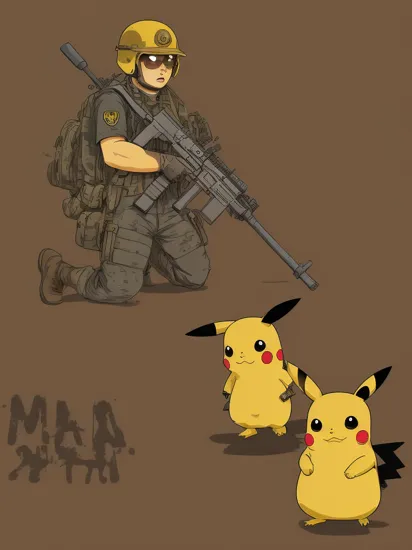 Pikachu with m-16 assault rifle at vietnam war, us military uniform, explosions, comics style, graphic novel, (vector:1.2), 2d cartoon style
