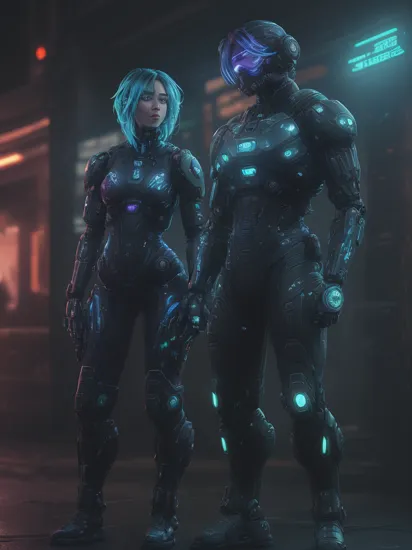 Two people, (cyberpunky bright blue glowing tattoos hologram Cortana) and (military camouflage colored cybernetically augmented Master Chief)  reimagined in a cyberpunk universe, cyberpunk, cyberpunk art style , cyberpunk surroundings, glowing multicolored neon lights, raining, lightning, cinematic scene, detailed background, masterpiece, best quality, high quality, highres, absurdres, 16k resolution   