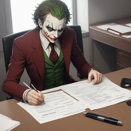 the joker in the process of filling out his irs tax return in his office,anime,cell shading,scene from persona 5