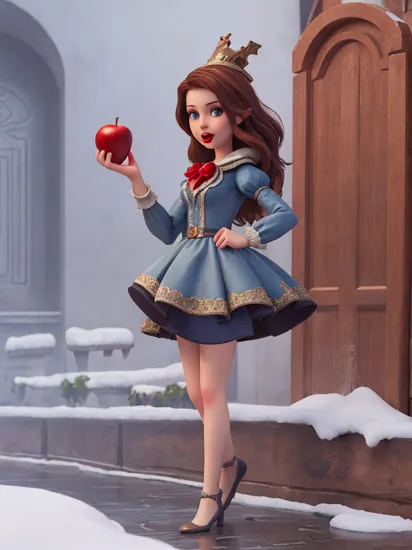 digital artwork by charliebowater_v1, portrait, sexy, snow white, detailed, normal hands, dress, full body, holding an apple, bloody mouth, standing in front of a castle, dark, epic fantasy, ethereal, evil, winter 