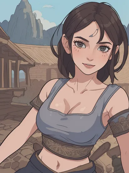 lara croft, upper body, naked, smile, blush, outdoors, day, blue sky, sky, temple, looking at viewer, mountain, moody lighting, facing viewer, croptop, (masterpiece), (best quality:1.4), absurdres, [:intricate details:0.2], (beautiful detailed face:1.4), age 40, a photorealistic painting, fantasy art, 3d render, cgi, symetrical, octane render, 35mm, bokeh, 9:16, (intricate details:1.12), hdr, (intricate details, hyperdetailed:1.15), (natural skin texture, highly lit body, hyperrealism, soft light, sharp:1.2)
