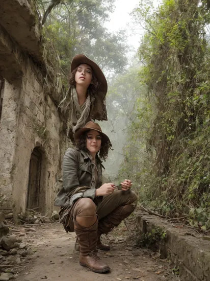 (masterpiece, best quality, detailed), 1girl, solo, looking at viewer, heroine, circlet, curly hair, green hair, short hair,
fedora, brown headwear, brown pants, black belt, cowboy hat, brown jacket, leather jacket, indiana jones, white shirt, satchel, ruins, overgrown, rubble, pillar, outdoors, building, light rays, fog, fisheye, squatting, from side, smile, closed mouth, v-shaped eyebrows