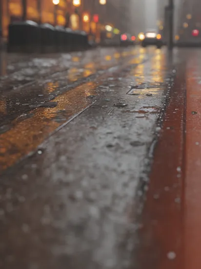 autumn, rain, slush, city streets, sidewalks, realism, high detail, macro photography, correct line, cinematic, close-up, mj, wet, (sharp shot)