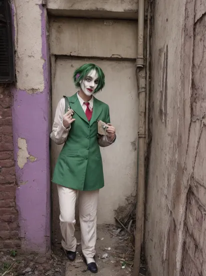 A beautiful woman with short green hair, dressed as the Joker in the iconic purple suit in an abandoned alley, femenine, female jocker, (polaroid photo:1.1)