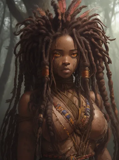 ((cartoon)) nature african woman (shibari huntress:1.3), sexy hot woman, revealing nipple, ((long wavy colorful dreads:feathers in hair:1.4)), (((insane mad creepy eyes))), anxiety, beautiful face, (detailed skin, skin texture), (Muscles:1.3), huge breast, professional majestic oil painting by Ed Blinkey, Atey Ghailan, Studio Ghibli, by Jeremy Mann, Greg Manchess, Antonio Moro, trending on ArtStation, Intricate, High Detail, Sharp focus, dramatic, photorealistic painting art by (greg rutkowski:1.1) (Horror Colors:1.5), (tribal forest background)