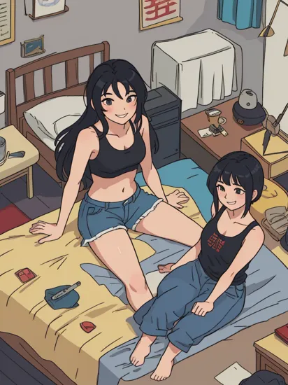 Mulan, long black hair, black eyes, tank top, camisole, blue shorts, messy hair, looking at viewer, smiling, tired, sitting, on bed, from_above, inside a girls bedroom, sunny, high quality, masterpiece,   
