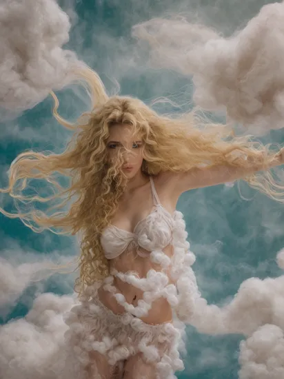 (dynamic pose:1.2),(dynamic camera),cute mythological skinny slim young goddess,(long blonde curly hair:1.3),(look to camera),(posing for photoshoot:1.2), godrays,(wind swirl floating (cotton) on abstract volumetric background:1.3), in the style of intimacy, dreamscape portraiture,  solarization, shiny kitsch pop art, solarization effect, reflections and mirroring, photobash, (composition centering, conceptual photography), , (natural colors, correct white balance, color correction, dehaze,clarity)