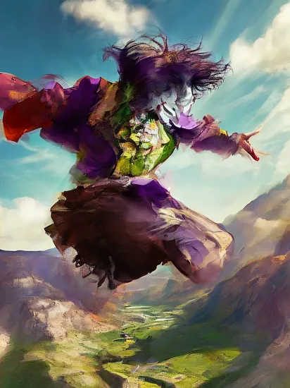 (the joker in the air jumping over a valley:1.3), vivid hair, pencil skirt, blouse, light rays, god rays, muscular, realistic, breasts, by Andreas Lie