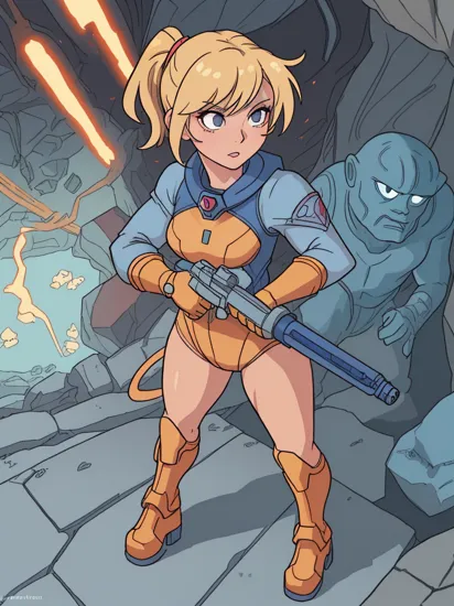 sexy blond Samus Aran from Metroid wearing blue suit with high platforms standing on a floor of a cave near ((grey humanoid monster)) hiding behind a rock and looking at her,
interior of alien cave in Hans Ruedi Giger style,
beautiful face,perfect face,
single girl,nova,red Astronaut helmet,[(holding Laser Gun,lightsaber on another hand)],upper body, 
copeseethemald style,glossy,thepit bimbo,
realistic, professional, limited palette,high contrast,amazing detail,dynamic lights,
hyperrealism, masterpiece, best quality, HDR, viewpoint, highest quality, sharp focus, digital art render, 8k