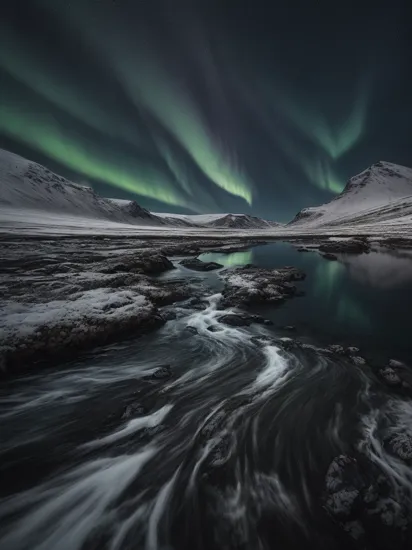 prize winning landscape photography of iceland at night with wildwater intersecting the magical landscape and the northern lights dancing in the sky reflected in the water, a very serene scene unlike any other, dark but beautiful, masterpiece, best quality, (intricate details), (****), eldritch, glow, glowing eyes, volumetric lighting, unique pose, dynamic pose, dutch angle, 35mm, anamorphic, lightroom, cinematography, film grain, HDR10, 8k hdr, Steve McCurry, ((cinematic)), RAW, color graded portra 400 film, remarkable color, 