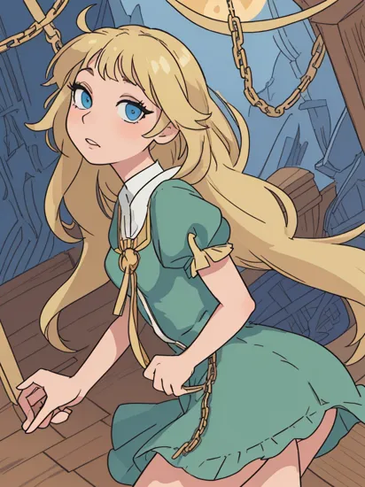 beautiful, (masterpiece:1.2), (best quality:1.2), perfect eyes, perfect face, perfect lighting, flat chest, rapunzel (disney), green dress, blue eyes, blonde hair, anal sex, chain bondage, hands behind back, best quality, anal, sex from behind, 1girl, 1boy, long hair, ahoge, stone tower, wooden floor, pov crotch, cum in ass