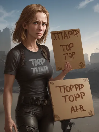 ((sarah connor from terminator)),((((holding a cardboard  sign saying "STOP Playing AI !")))),bionic metal hands,pleading facial expressions,destroyed post apocalyptic city background,smoke from buildings,red sun with smog,god rays,cinematic still ,action movie, intricate detail,high texture detail,antialiased, perfect viewpoint, highly detailed, wide-angle lens, hyper realistic, with dramatic sky, polarizing filter, natural lighting, vivid colors, everything in sharp focus, UHD, 64K,HDR