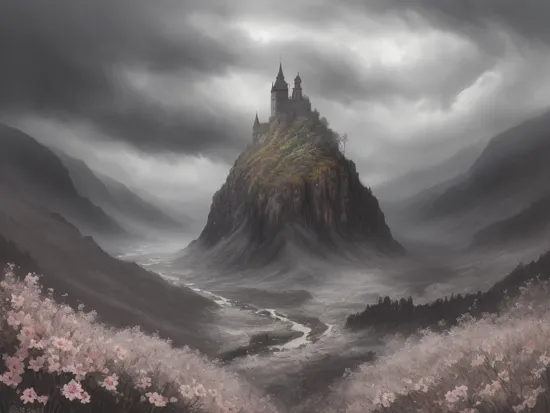 masterpiece,best quality,extremely detailed,highres,ultra detailed,beautiful scenery,landscape,atmospheric,tonalism,minimalism,photography,interesting new fantasy concept art,symphony of colors,color splashes,abstract,monochrome with small color details,oil painting,incredibly intricate details,ink splashes,storm,flowers,crows,,