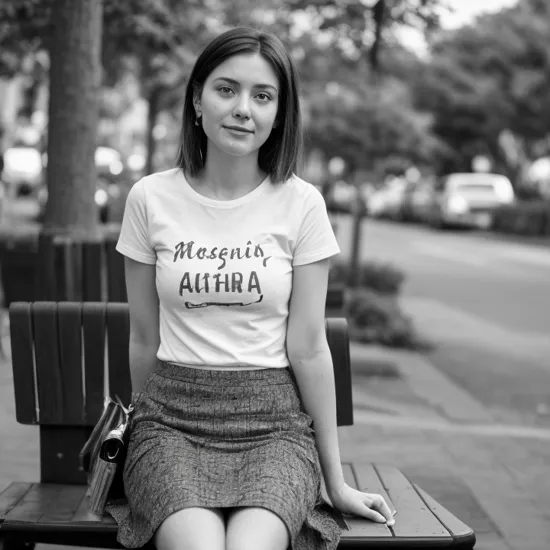 a portrait of an woman sitting on a bench in the street, bottle of wine, anxious, tshirt, skirt, street photography, b&w, high quality, bokeh