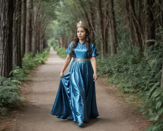 @Aila running down a path wearing a blue silk dress with a golden crown and holding a silver sword with diamonds encrusted into it 