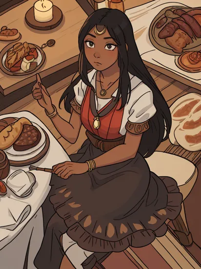 pocahontas, long black hair, necklace, dark skin,dress, looking at viewer, serious, confused, upper body shot, 
sitting behind a table, inside a fancy restaurant, table full of food, grilled chicken, vegetables, candle, high quality, masterpiece, 