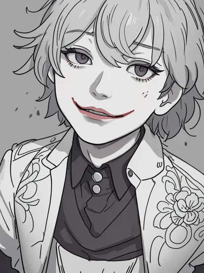 Highly detailed, High Quality, Masterpiece, beautiful, KanekiMeme, , solo, monochrome, looking up, hair over eyes, 1boy, The Joker, 
