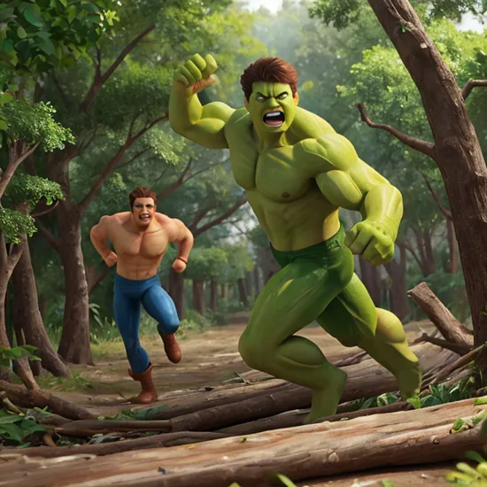dynamic scene: Hulk runs through the forest (avengers)