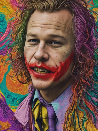 Psychedelic style, head shot of heath ledger as the joker , Vibrant colors, swirling patterns, abstract forms, surreal, trippy