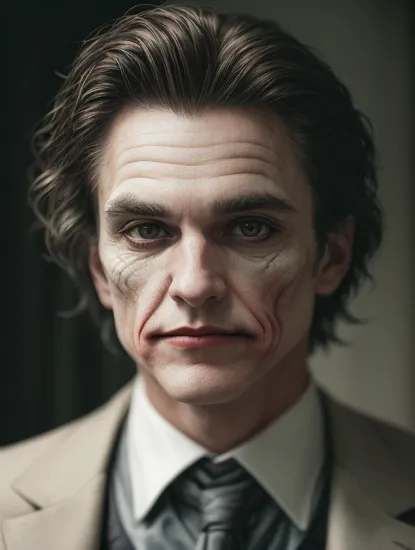 timeless style,  masterpiece, best quality, 8k, artstation, sharp focus, ultrarealistic, high details, raw photo portrait of nc1, man, masculine, (as the joker)  perfect face, perfect eyes, volumetric lighting, depth of field, cinematic lighting, 
 