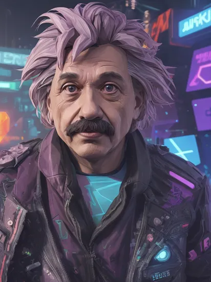 low-poly style Albert Einstein, (reimagined in a cyberpunk universe), (cyberpunk style), (cyberpunk), (cyberpunk outfit), (punk hair), (augmentation), cybernetics, glowing neon lights, cinematic scene, hero view, action pose, beautiful 8k, detailed background, masterpiece, best quality, high quality, absurdres, vivid.. low-poly game art, polygon mesh, jagged, blocky, wireframe edges, centered composition