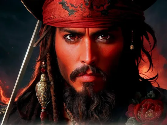 Johnny Depp, Imposing figure @JohnnyDepp, ((dark beard and piercing gaze)), traditional robe with ((intricate floral and dragon design)), standing amidst a swirl of red clouds, a powerful presence, hands gripping a blood-stained sword, suggesting a fierce battle has taken place.