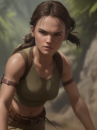 (Face-DaisyRidley:1.2) portrait photo of real life (Lara Croft Tomb Raider:1.1) played by (Daisy Ridley:1.1) brown hair ponytail tropical background zoom lens, detailed skin (masterpiece) (best quality) (detailed) (8k) (HDR) (wallpaper) (cinematic lighting) (sharp focus) (intricate) Style-NewLaraCroftV2 Style-Moana