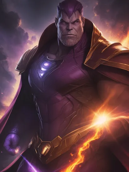 1man, very sharp portrait, close up of Thanos, superhero pose, purple cape, closed mouth, crossed arms, male focus, fire background, stunning background, volumetric light, spaceship background, muscular,  fantasy background, ((masterpiece)) 