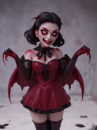 (vampire theme, dark persona, alice in wonderland style:1), (evil vampiress Snow White, vampire, short black hair, red vampire eyes:1.2), (gothic vampire wonderland dress:1.2), (latex gloves, multilayered dress:1), (shiny glossy translucent clothing, gleaming oily latex fabric:1.1), bloodlight, (gothic boots, fishnet stockings:1.2), (many frills, big bow, lace:1.3), (glossy blood-red lipstick, eyeshadow, mascara, dark makeup:1.2), (vampire transformation, evil smile with vampire fangs, bloodied hands, bloodied dress:1.5),