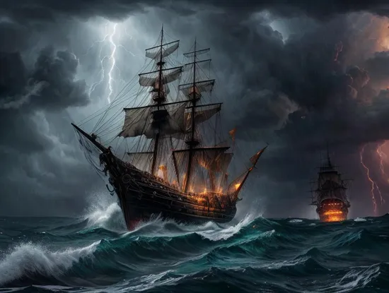 an old rickety worn out pirate ship out at sea with tethered sails. it's a sailing into a hurricane with lightning and tornadoes and waves everywhere. it is pouring down rain. it was dark and scary. there seems to be a giant monster off in the distance screaming into the black sky.