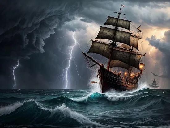 an old rickety worn out pirate ship out at sea with tethered sails. it's a sailing into a hurricane with lightning and tornadoes and waves everywhere. it is pouring down rain. it was dark and scary. there seems to be a giant monster off in the distance screaming into the black sky.