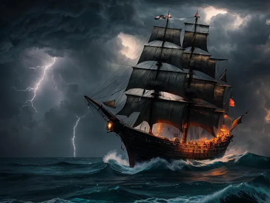 an old rickety worn out pirate ship out at sea with tethered sails. it's a sailing into a hurricane with lightning and tornadoes and waves everywhere. it is pouring down rain. it was dark and scary. there seems to be a giant monster off in the distance screaming into the black sky.